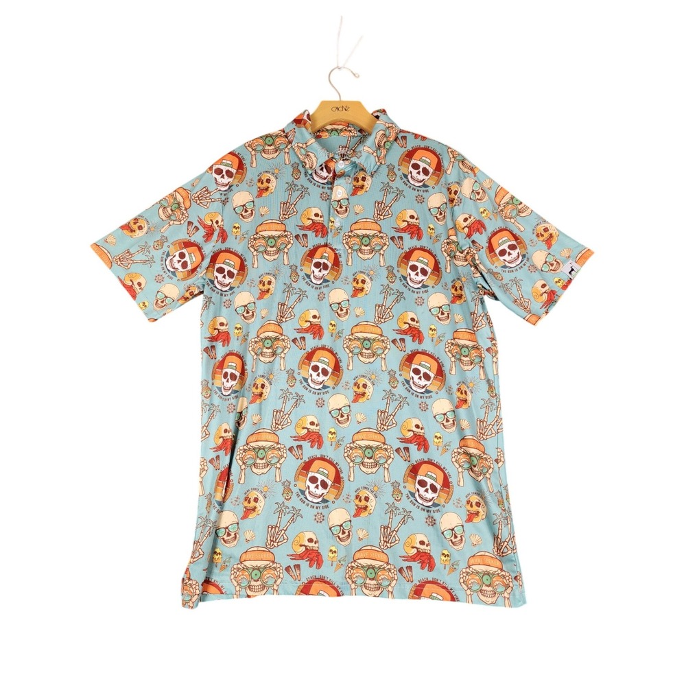 Proud 90‎ Golf Is Fun Mens Blue Skull Tropical Print Performance Polo Shirt M